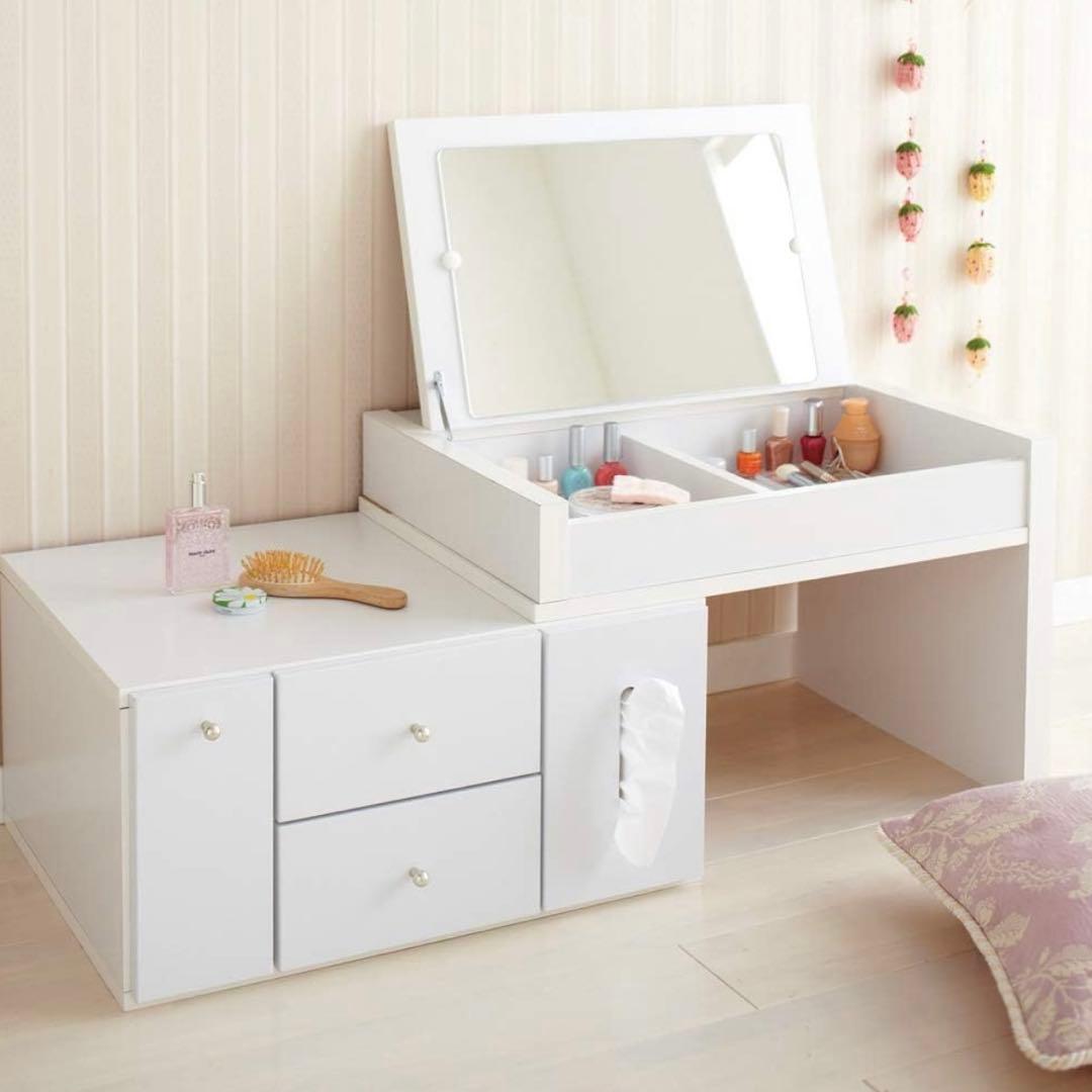 ドレッサーテーブル 鏡台 化粧台 伸縮式 コンセント付き ホワイト