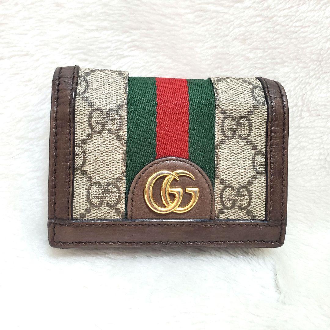 美品 グッチ シェリーライン オフディア 二つ折り財布 小銭入れ付き 茶
