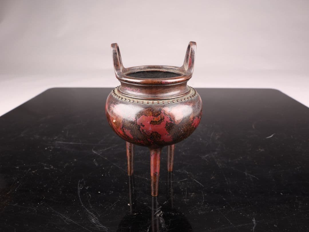 A561 【本間琢斎作】三ツ脚香炉 斑紫銅 獅子摘 香道具 重量588g