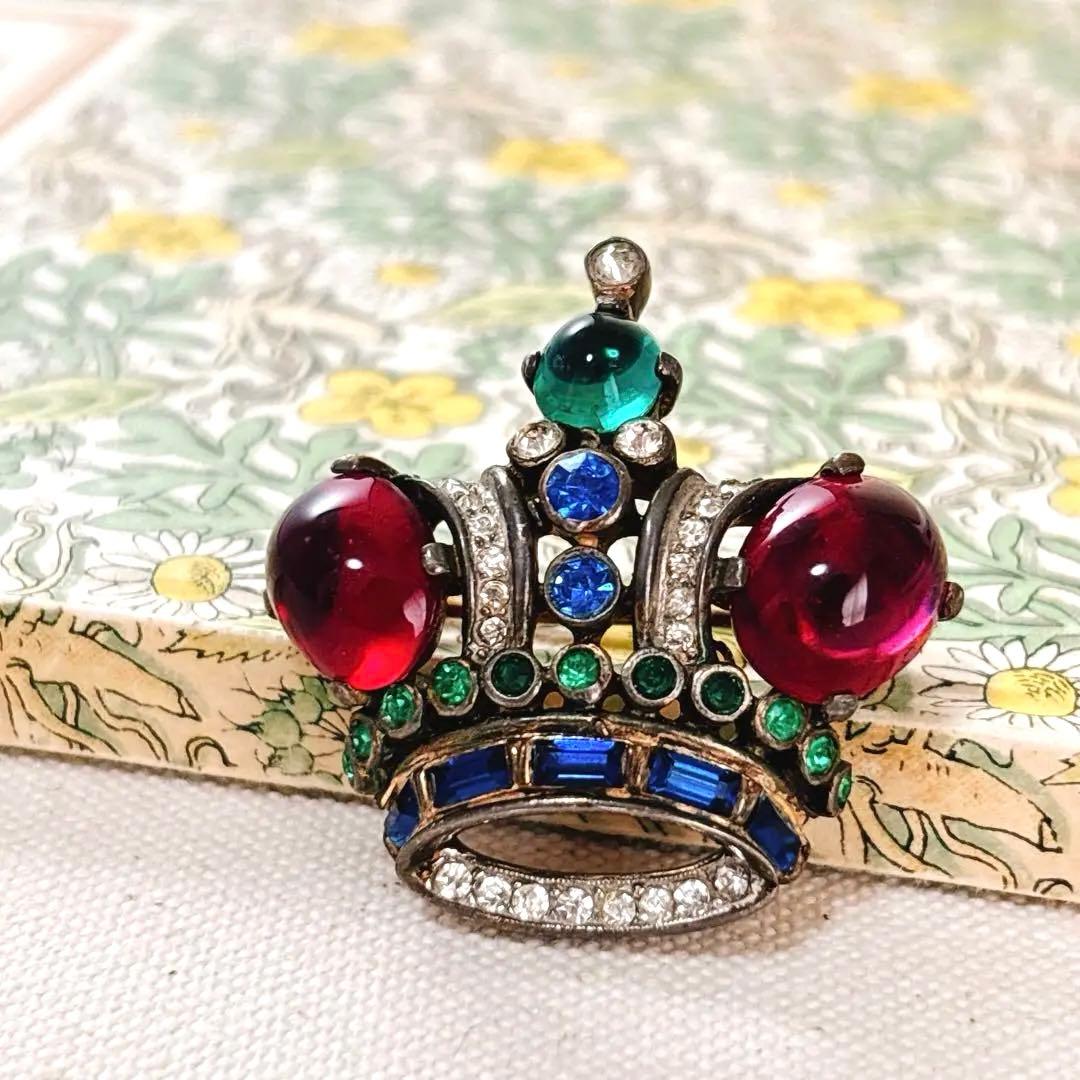 1940年代 トリファリ 王冠　ブローチ 赤カボション ヴィンテージ