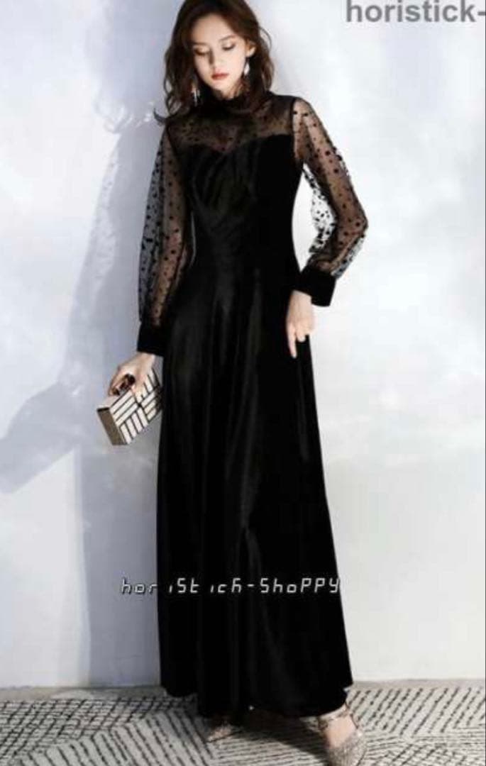 【新品】ブラック レーススリーブ マキシドレス/ベルベットバージョン