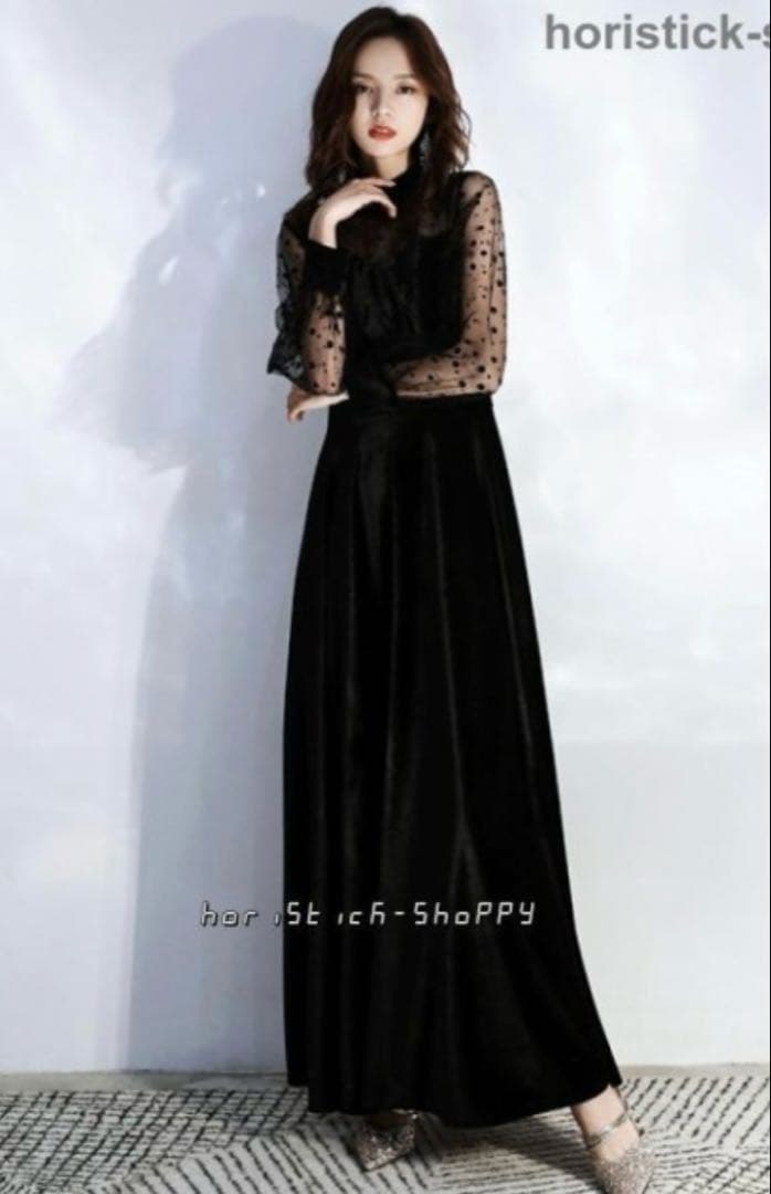 【新品】ブラック レーススリーブ マキシドレス/ベルベットバージョン