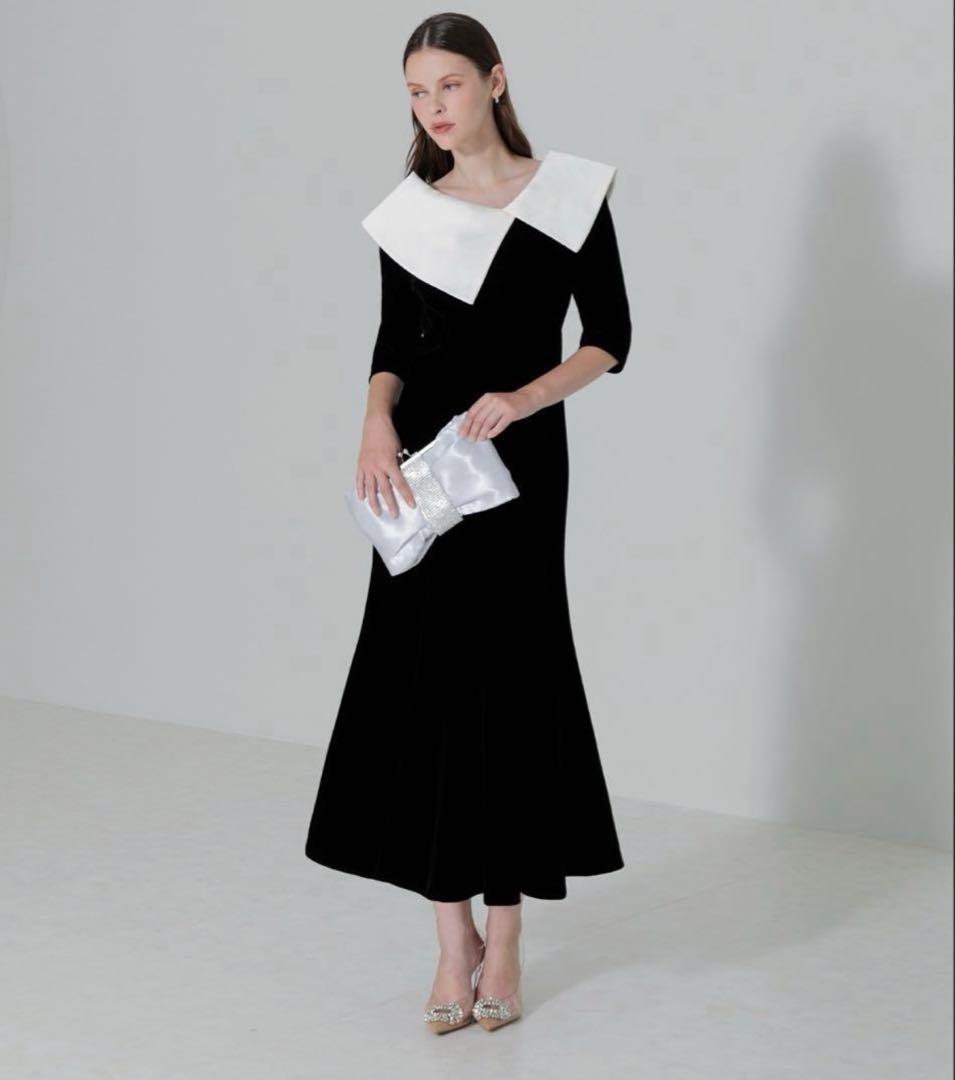 Leja アシンメトリービッグカラーベロアマーメイドワンピースドレス