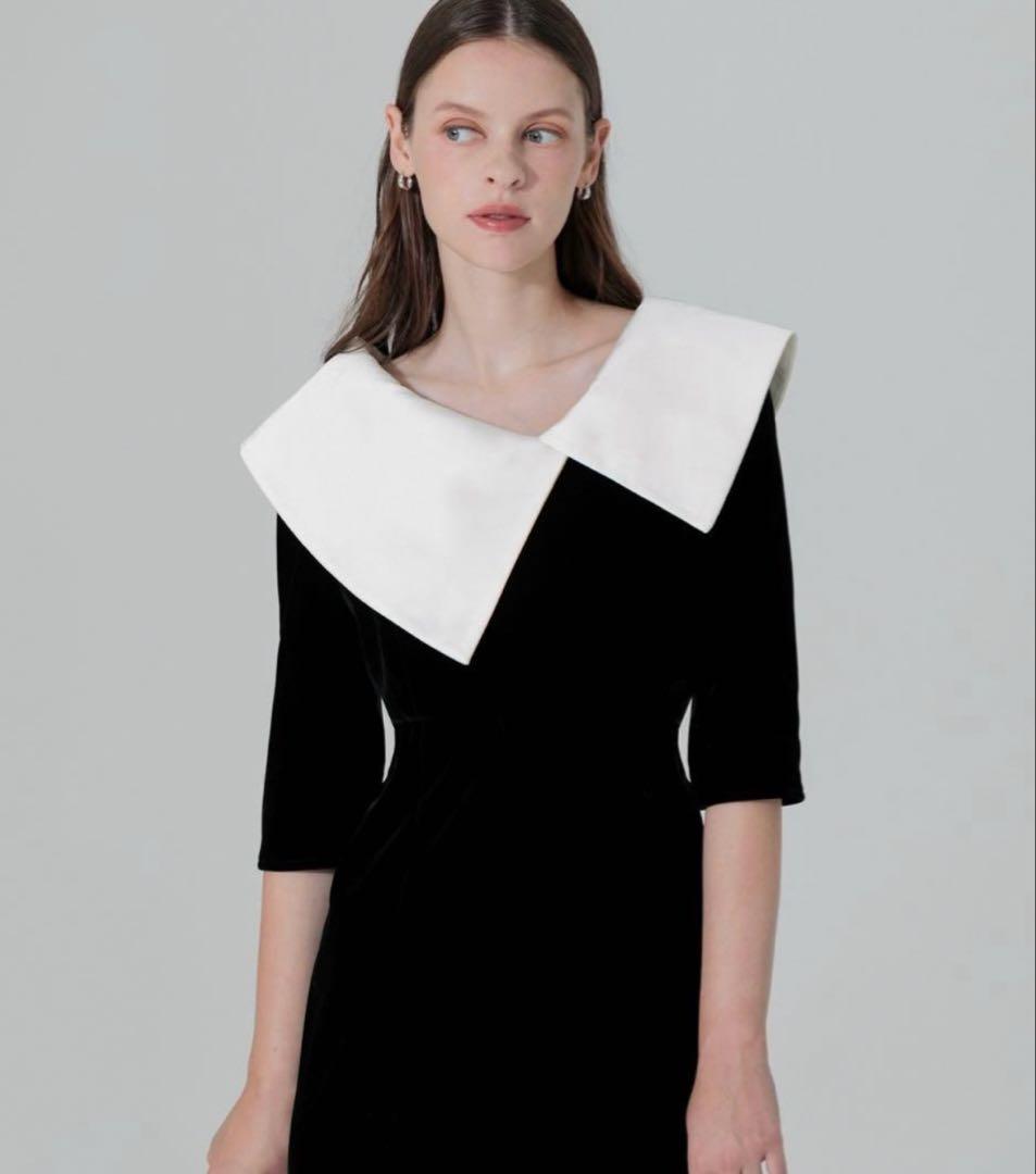 Leja アシンメトリービッグカラーベロアマーメイドワンピースドレス