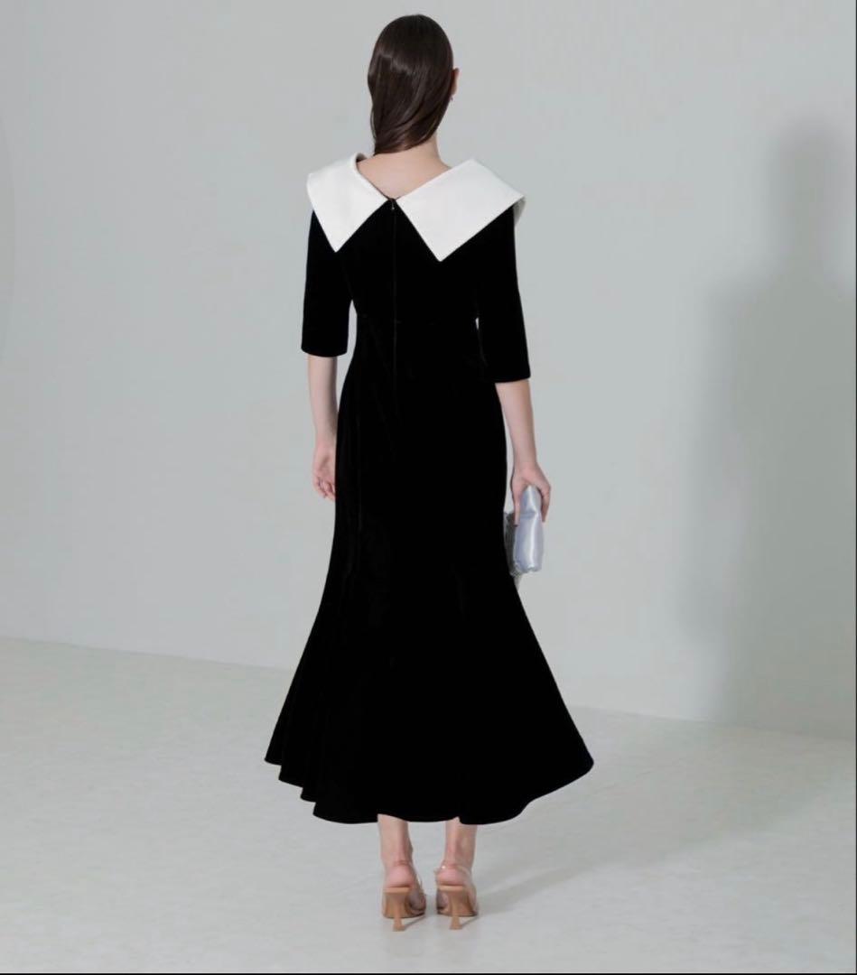 Leja アシンメトリービッグカラーベロアマーメイドワンピースドレス