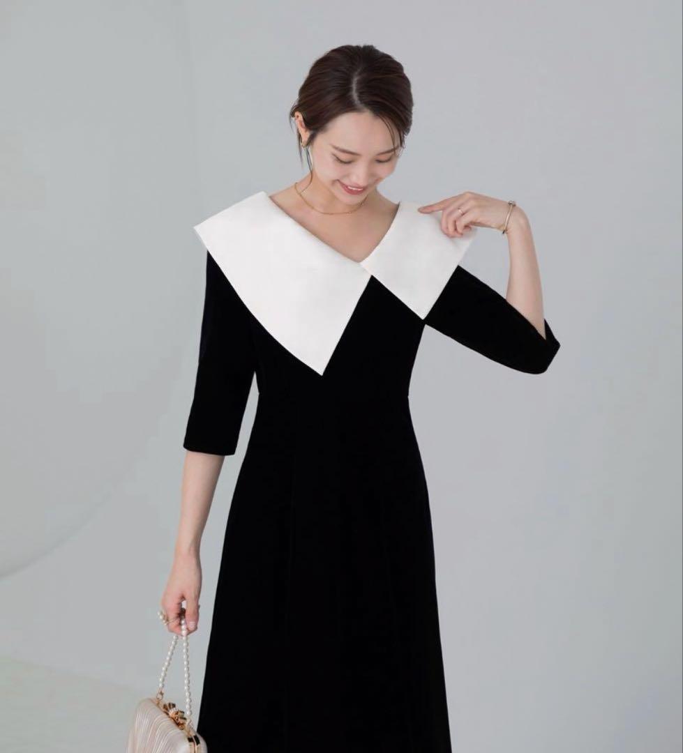 Leja アシンメトリービッグカラーベロアマーメイドワンピースドレス