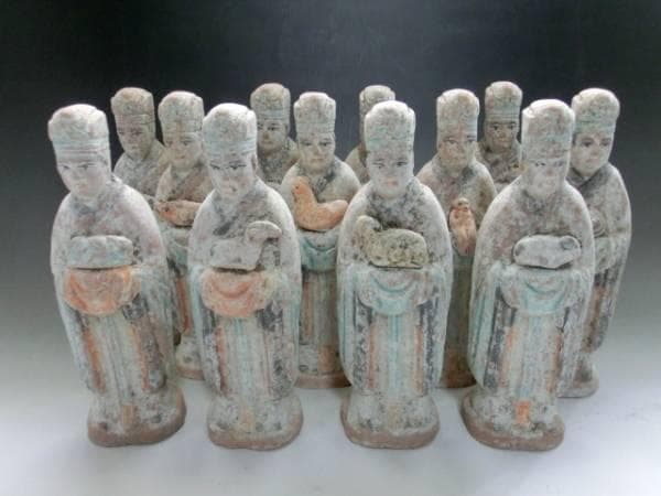 土人形■中国唐三彩置物祭具 12体 古い唐俑 中國 古玩 時代物 骨董 希少■