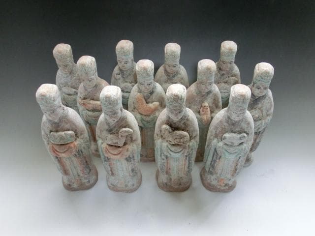 土人形■中国唐三彩置物祭具 12体 古い唐俑 中國 古玩 時代物 骨董 希少■