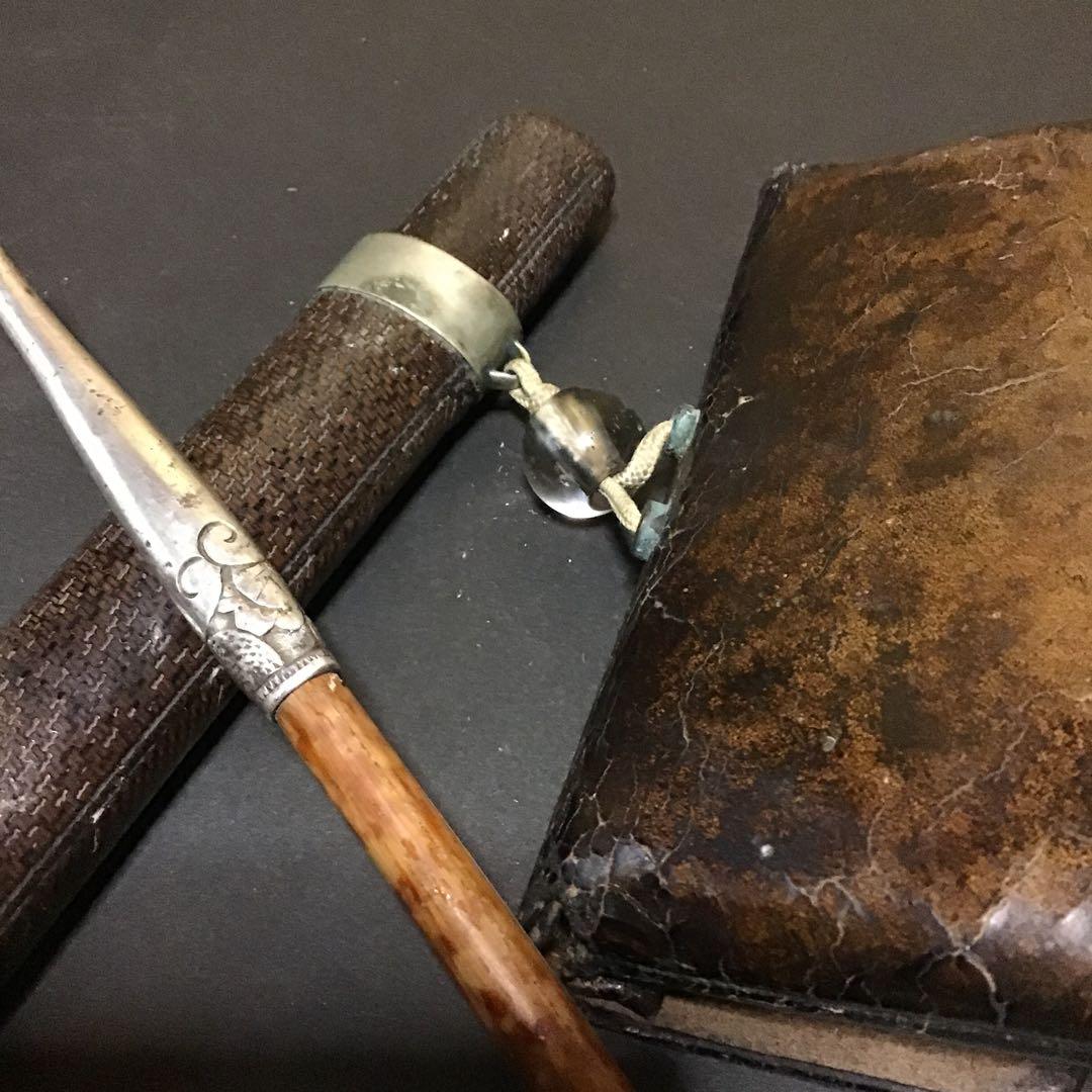 煙草下物　「金銀色絵象嵌武者絵」加藤清正十字槍　高彫純銀キセル水晶玉おじめ　Z2