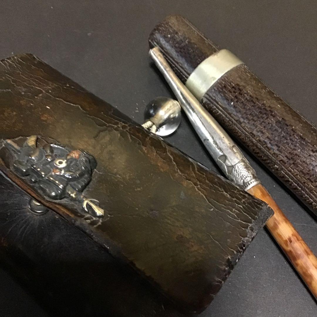 煙草下物　「金銀色絵象嵌武者絵」加藤清正十字槍　高彫純銀キセル水晶玉おじめ　Z2