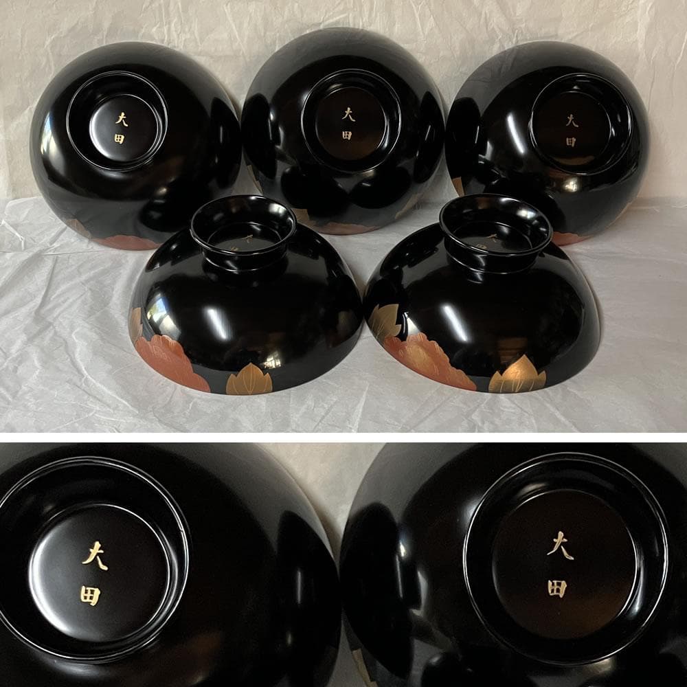 F1404 輪島塗 蒔絵 吸物椀 五客 共箱 木製 漆器 懐石道具