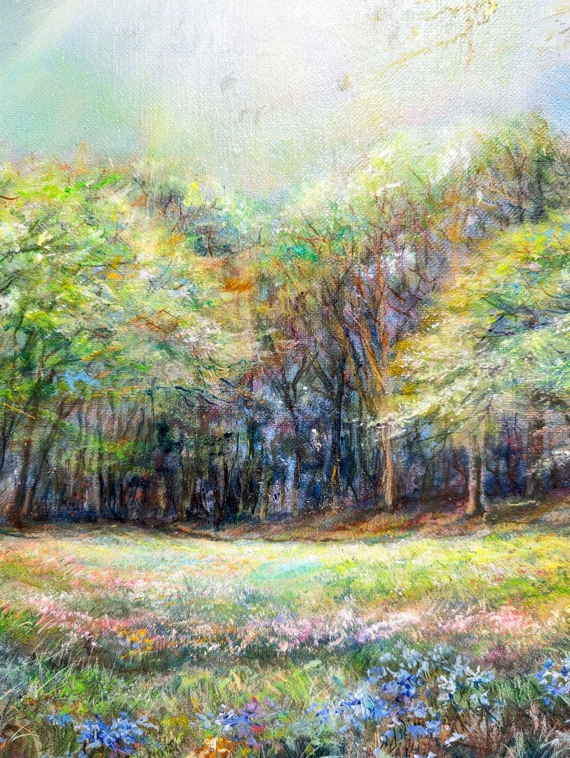 油絵風景画　風景画　新緑　油彩　画家painterTMK本人出品　春風景画