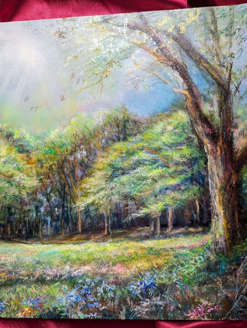 油絵風景画　風景画　新緑　油彩　画家painterTMK本人出品　春風景画