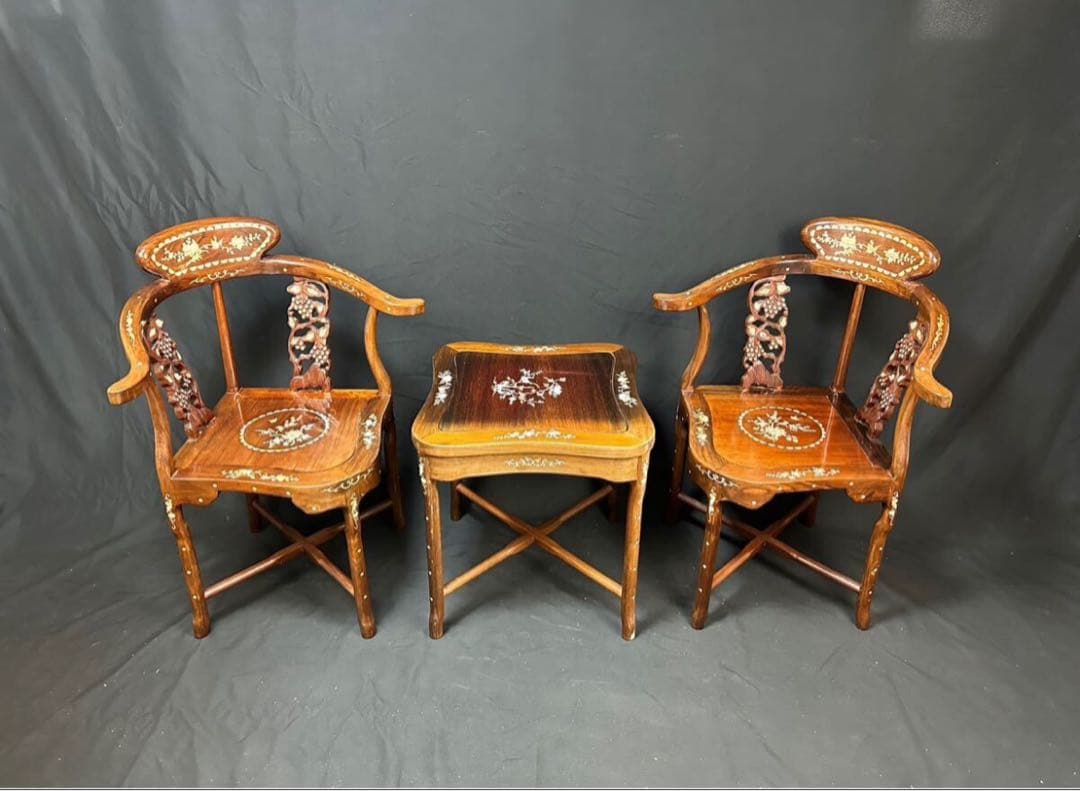 高級家具 螺鈿細工 花梨 中国美術 サイドテーブル 椅子2客 唐木 家具 木製