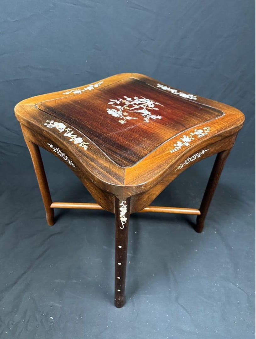 高級家具 螺鈿細工 花梨 中国美術 サイドテーブル 椅子2客 唐木 家具 木製