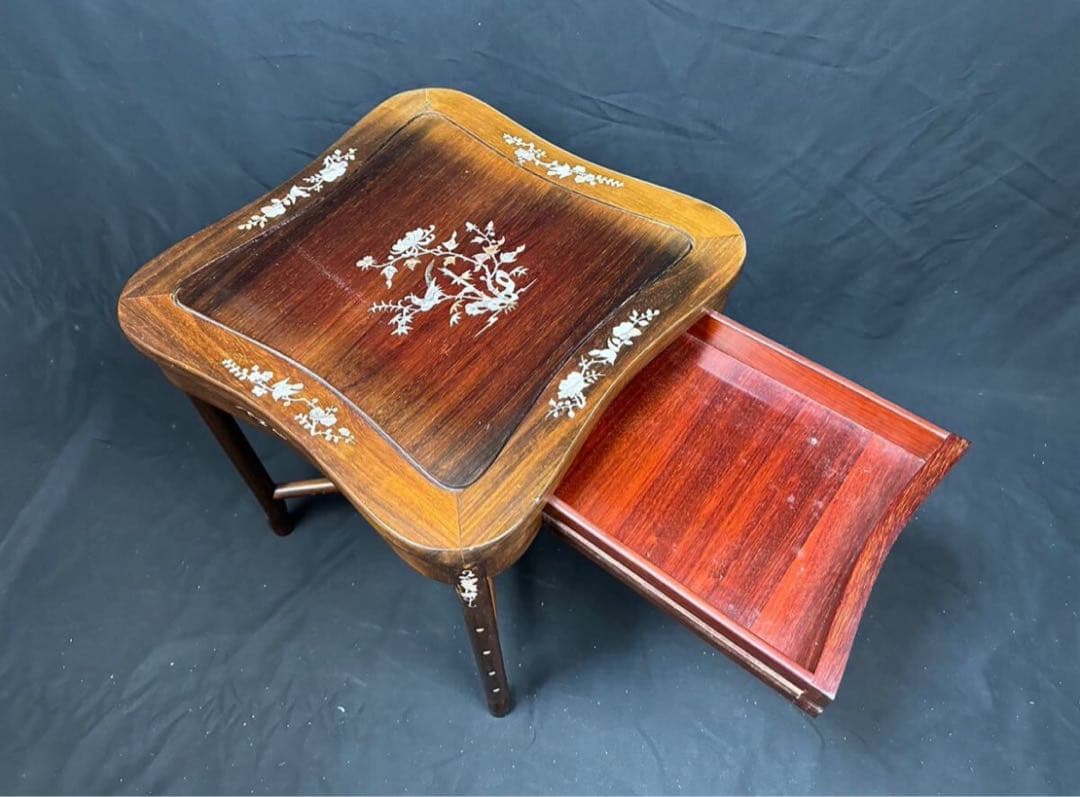 高級家具 螺鈿細工 花梨 中国美術 サイドテーブル 椅子2客 唐木 家具 木製