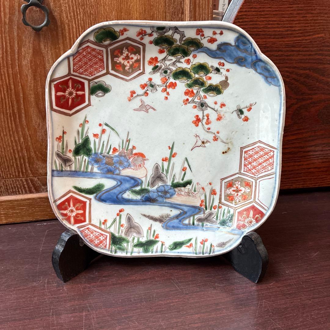 古伊万里　色絵　金彩　隅入角皿　20センチ×20センチ×高さ3.2センチ　傷無し
