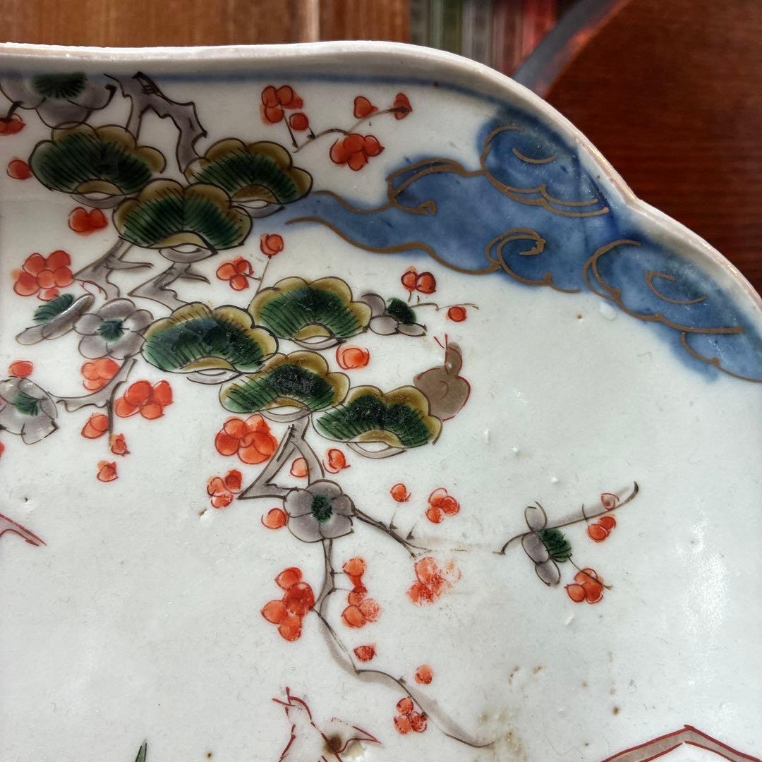 古伊万里　色絵　金彩　隅入角皿　20センチ×20センチ×高さ3.2センチ　傷無し