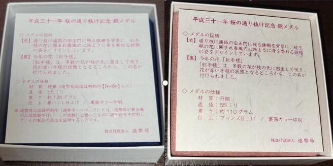 【特年】平成31年　桜の通り抜け記念　銀メダル＆銅メダル（２個セット） 紅手毬