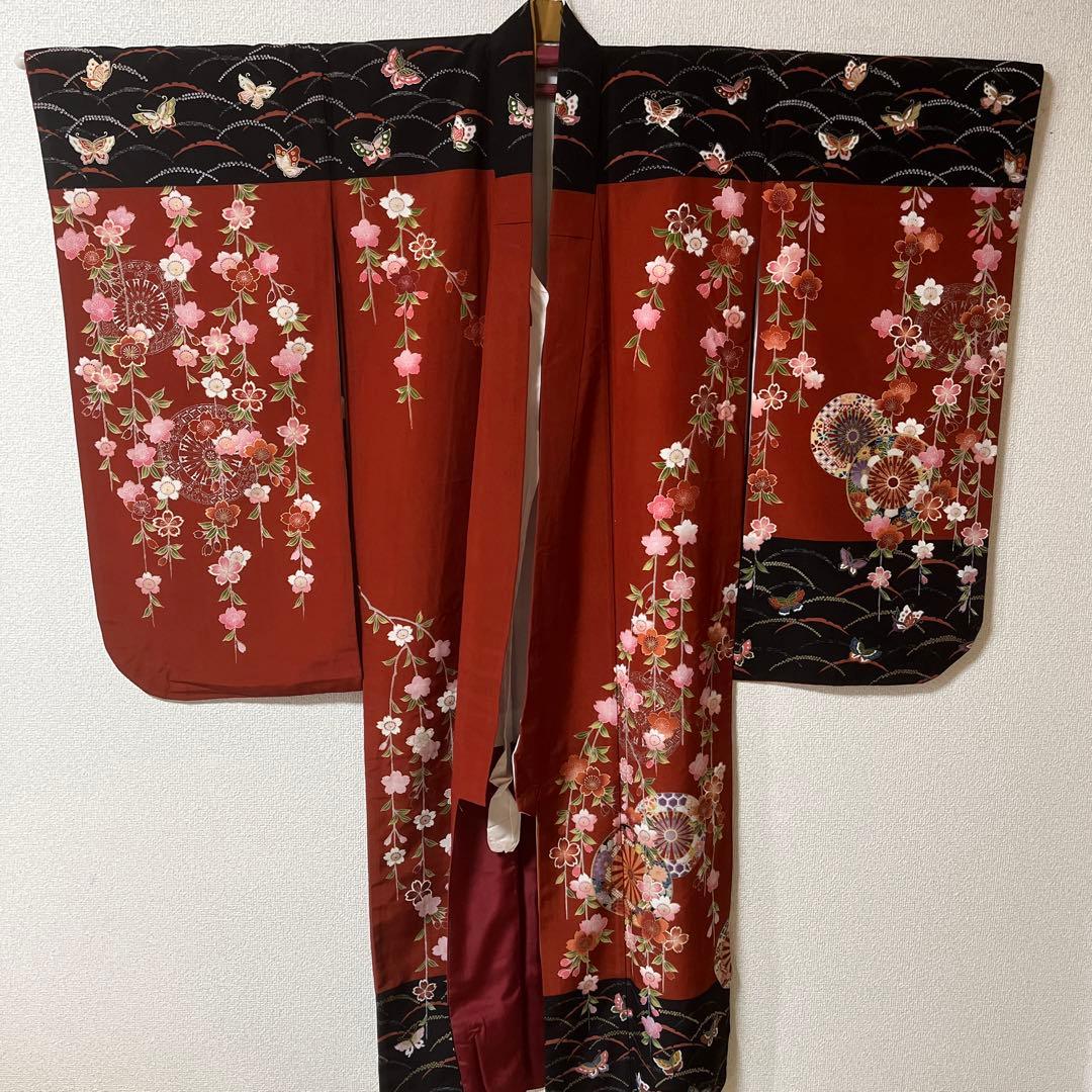 七五三　7歳　着物　黒　茶色　蝶々　アンティーク