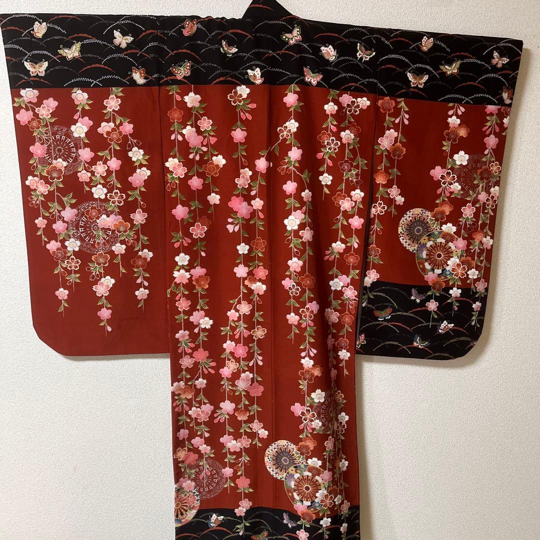 七五三　7歳　着物　黒　茶色　蝶々　アンティーク