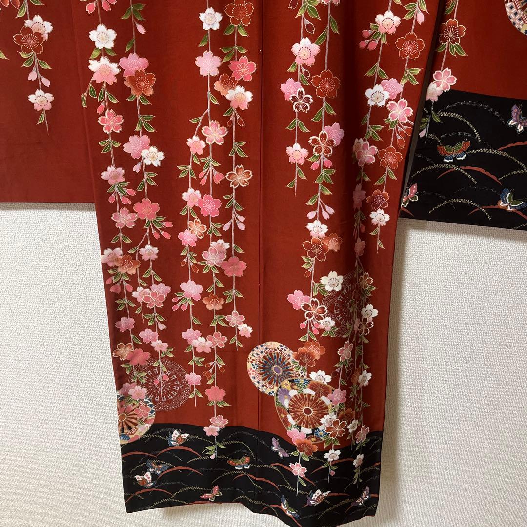 七五三　7歳　着物　黒　茶色　蝶々　アンティーク