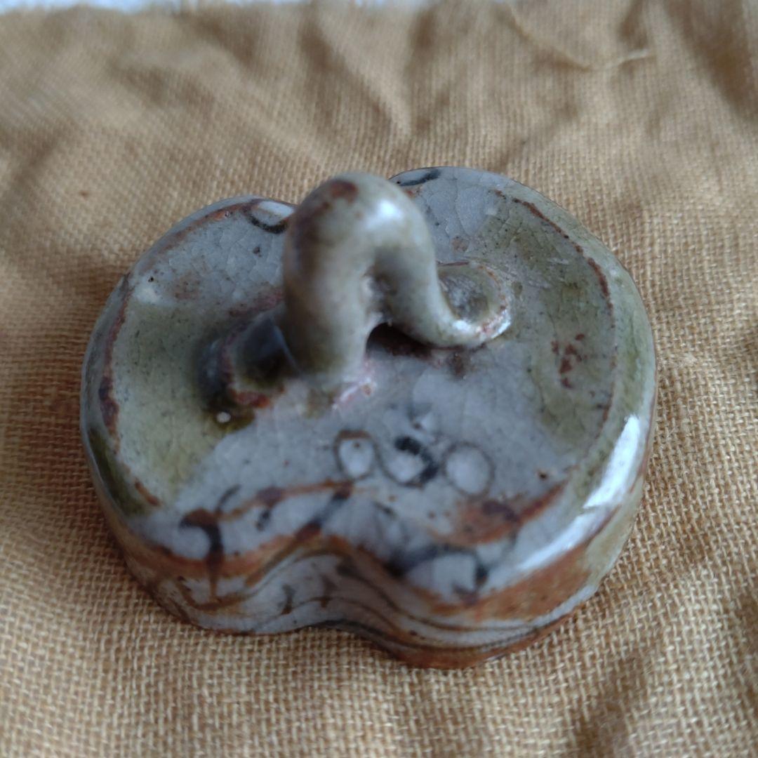 香合　織部　ハジキ香合　緑・茶色　共箱　時代　幕末