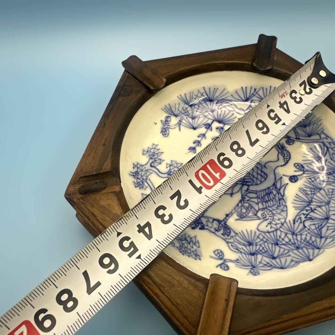 唐木 中国 灰皿 置物 アンティーク 青い鶴の陶器皿 六角形 木製フレーム付き