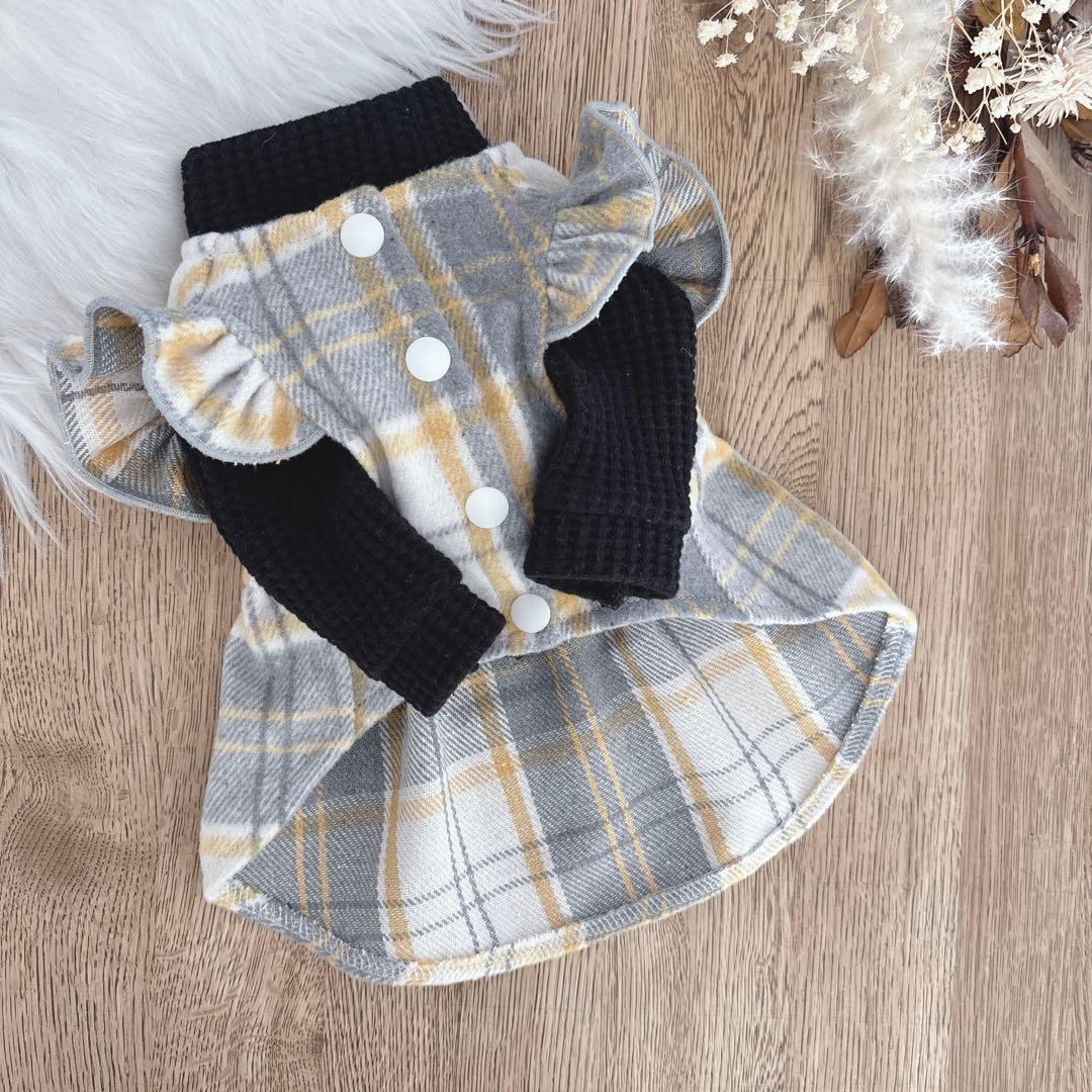 ハンドメイド　グレー×イエロー起毛チェック　フリル付きノーカラー前開きワンピ