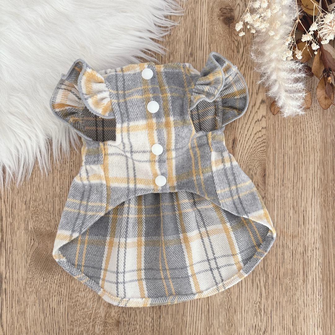 ハンドメイド　グレー×イエロー起毛チェック　フリル付きノーカラー前開きワンピ
