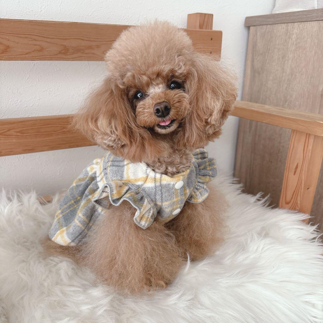 ハンドメイド　グレー×イエロー起毛チェック　フリル付きノーカラー前開きワンピ