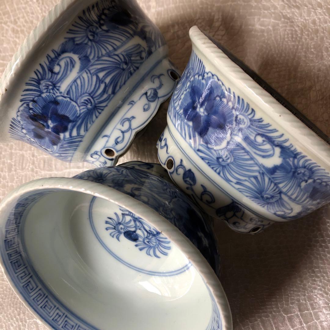 古伊万里 染付 花唐草文鉢　３客　江戸後期