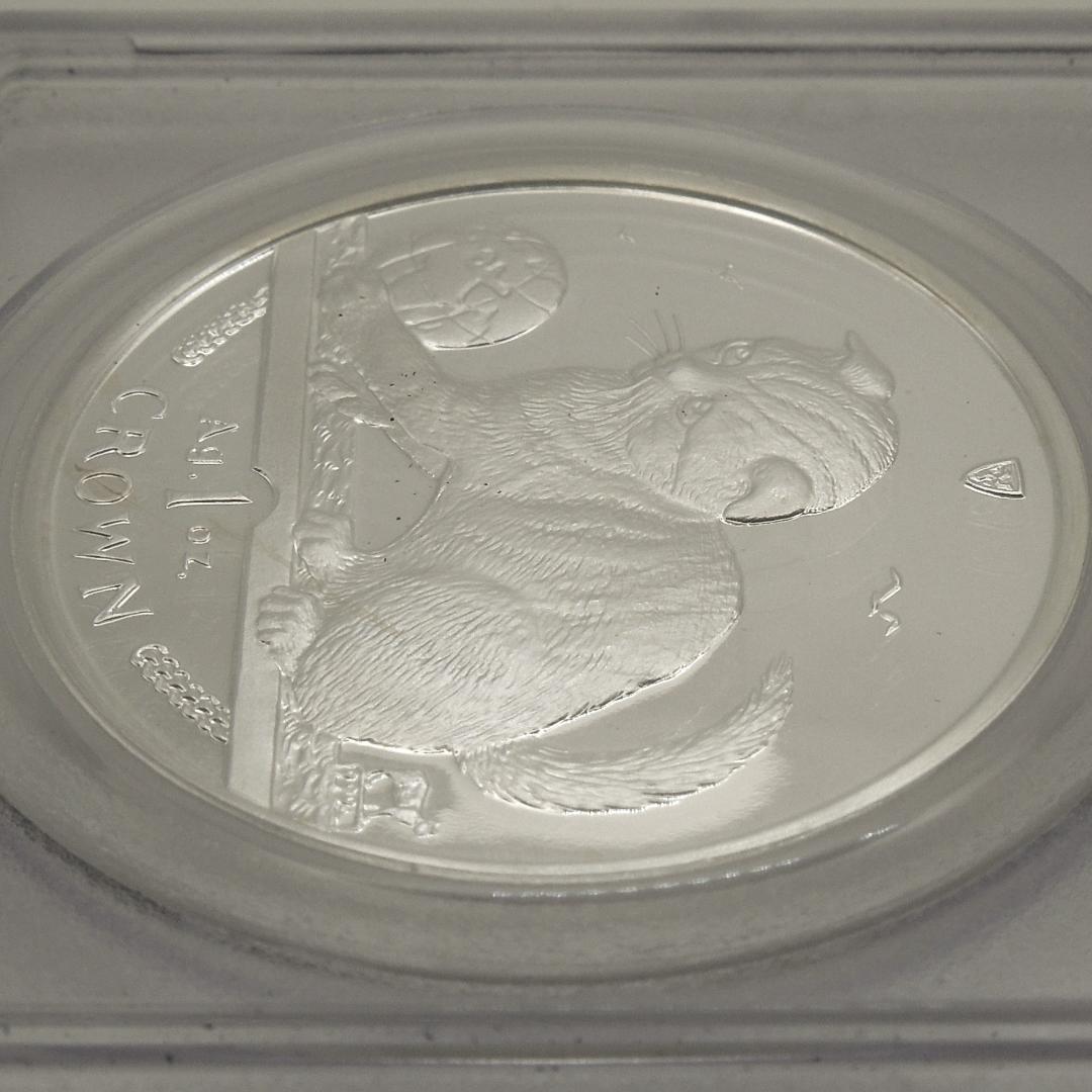 世界に5枚 PCGS 69DCAM 地球で遊ぶ猫 2000 マン島 クラウン銀貨