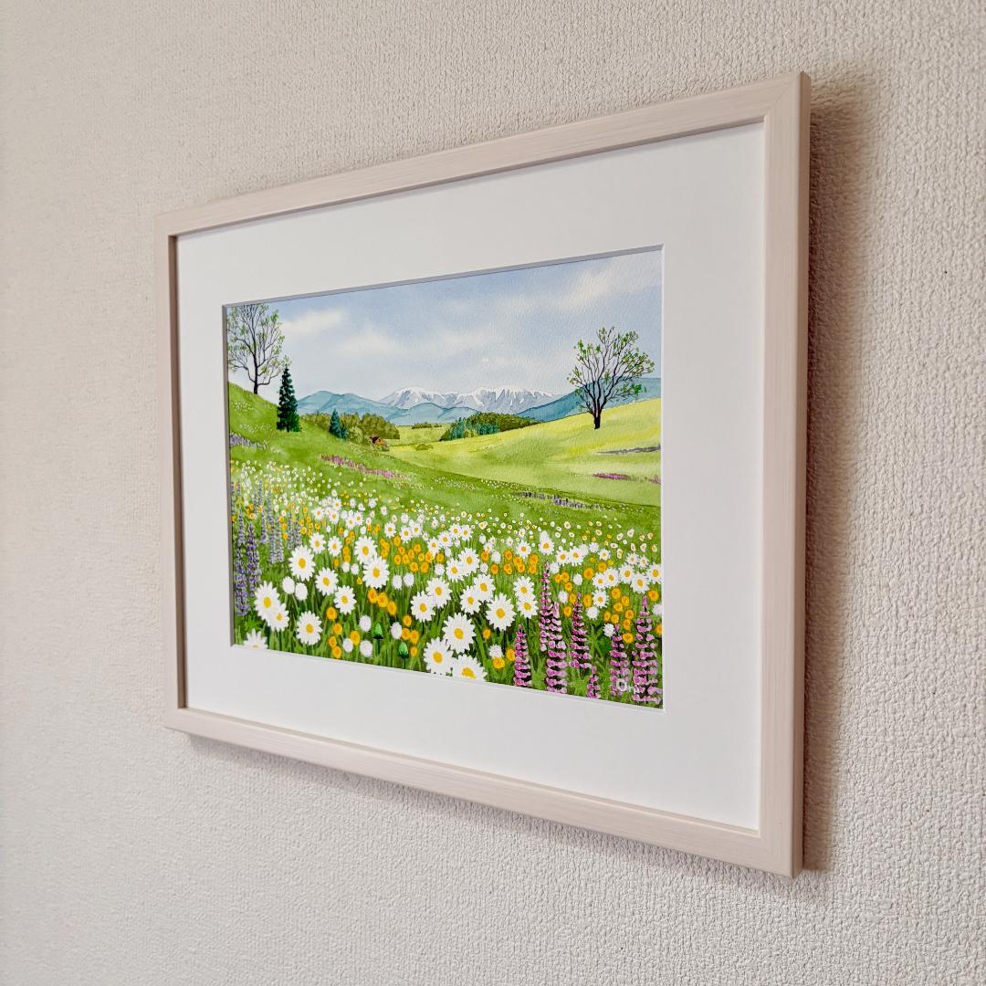透明水彩画　原画　「野花の咲くフィールド01」額縁付き　F4サイズ　風景画