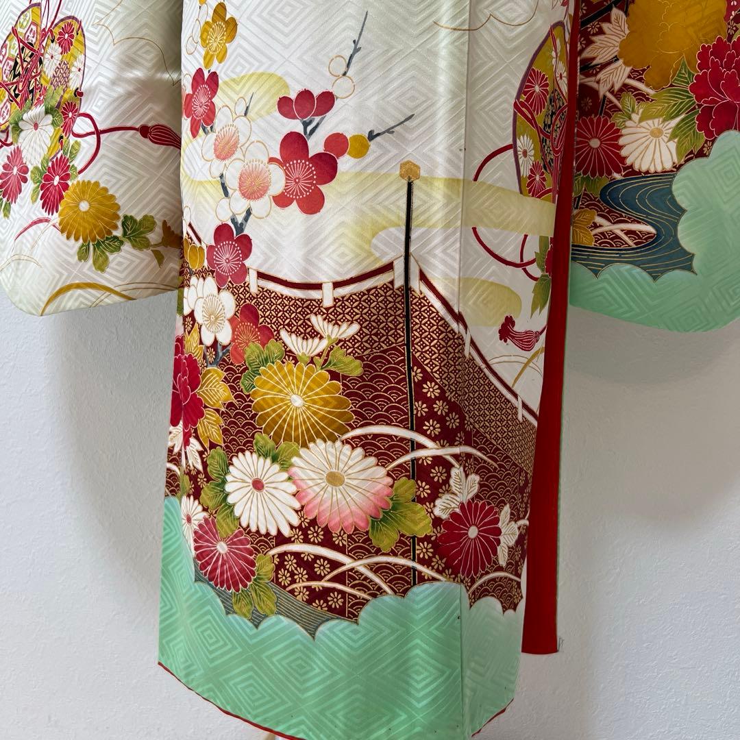 389 振袖フルセット 正絹 黄緑 ミントグリーン 金彩 刺繍 暈し染め 華やか