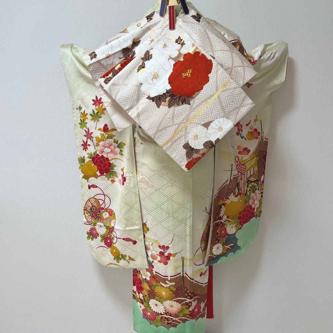 389 振袖フルセット 正絹 黄緑 ミントグリーン 金彩 刺繍 暈し染め 華やか