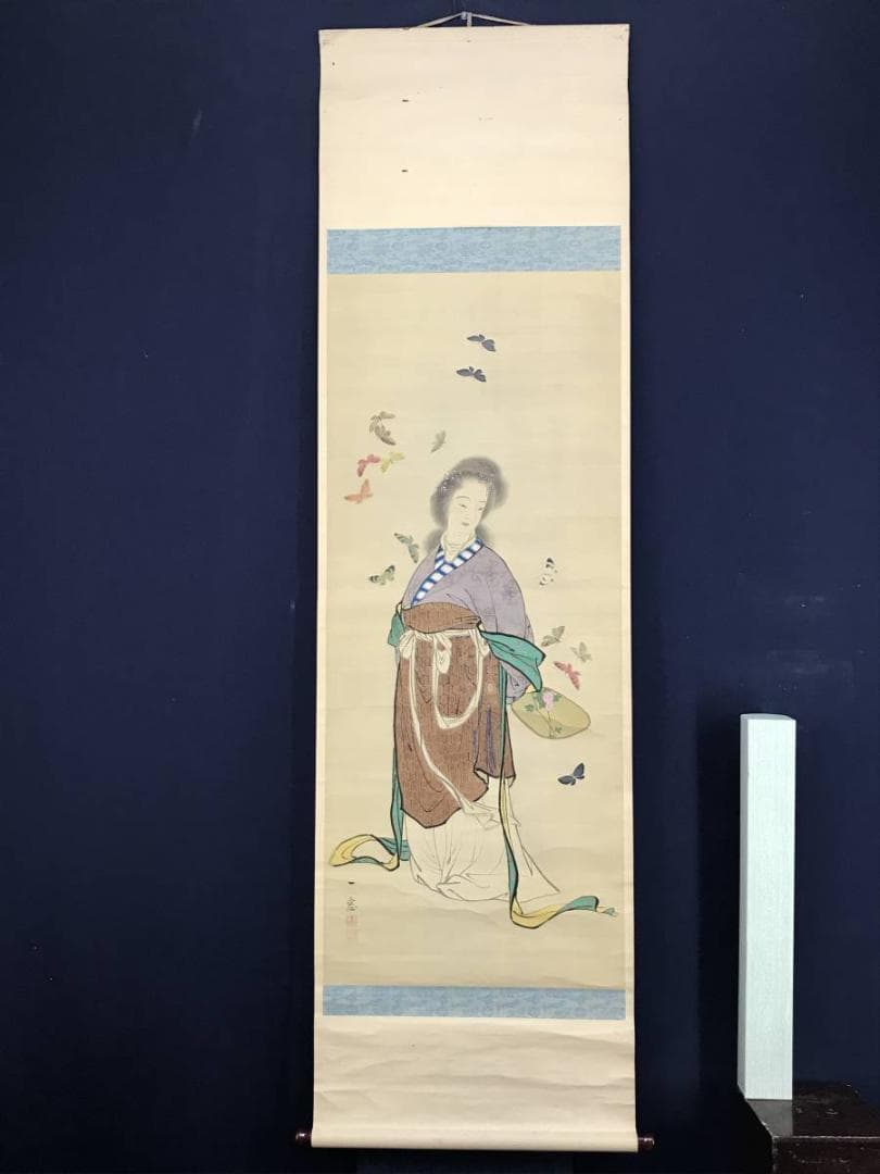 【真作】義原一窓/唐美人に蝶図/美人図/掛軸☆宝船☆AD-602
