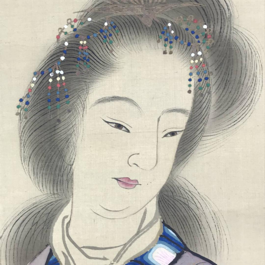 【真作】義原一窓/唐美人に蝶図/美人図/掛軸☆宝船☆AD-602