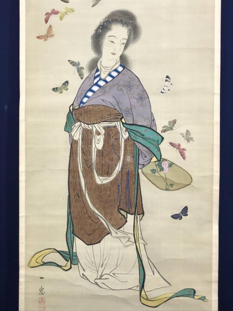 【真作】義原一窓/唐美人に蝶図/美人図/掛軸☆宝船☆AD-602