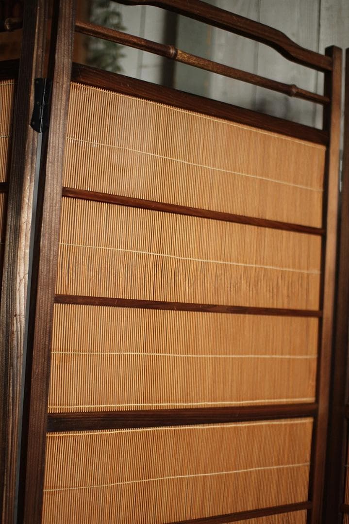 古い竹簾屏風 衝立　目隠し　四つ折り　透かし彫り　古民家　古道具