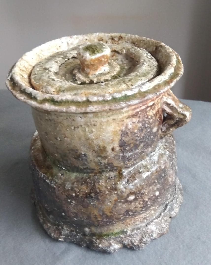 信楽焼　自然灰釉究極美逸品　谷清右衛門　茶道具伊賀写 双耳水指 塗蓋 付　共箱