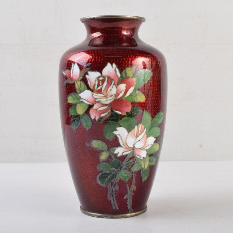 七宝焼　赤透釉　花文　花瓶　V　9018