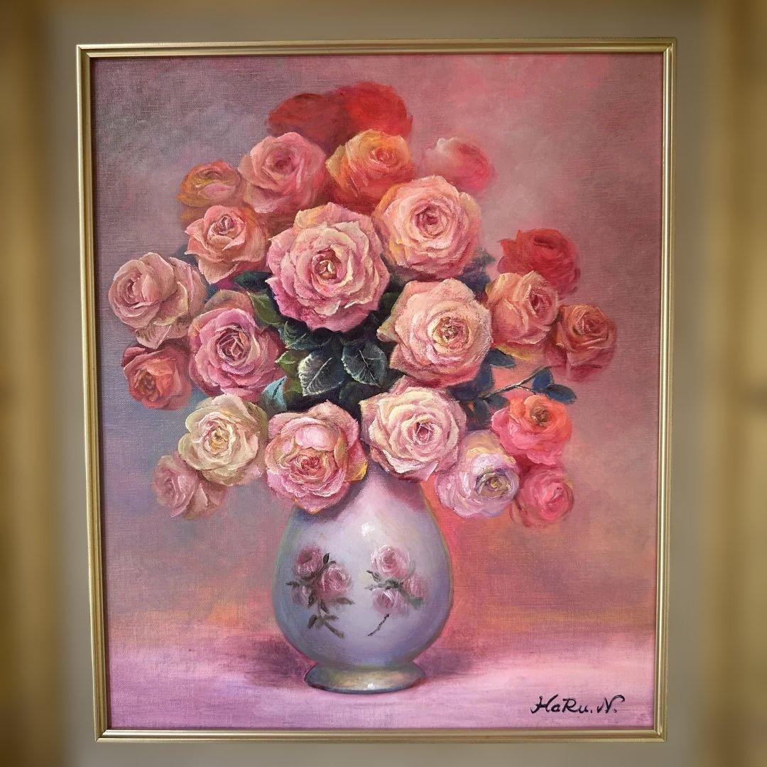 真作　肉筆　キャンバス油彩絵画　薔薇　静物画　新品額縁　インテリア　作家証明書付