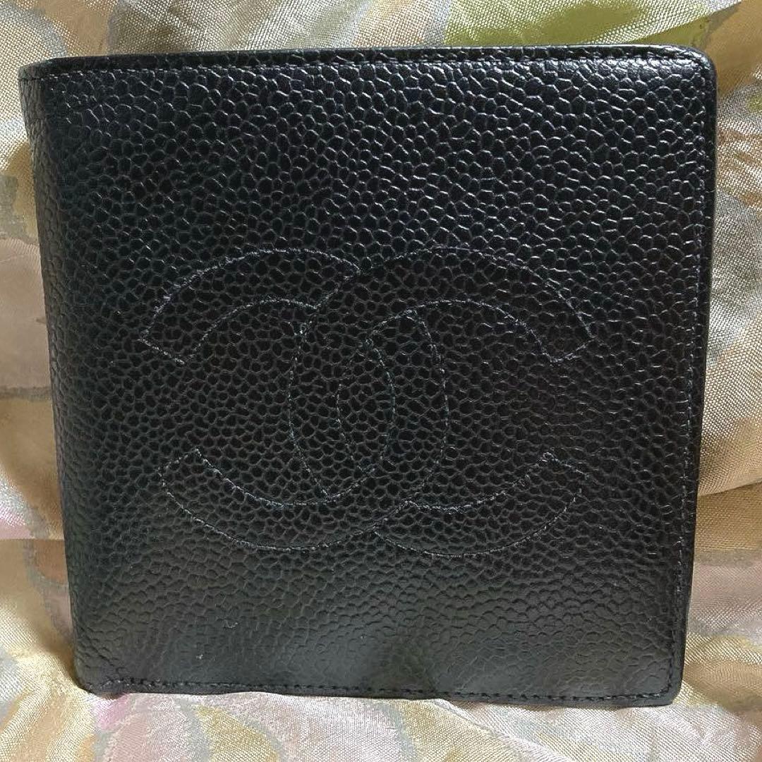 シャネル キャビアスキンココマークブラックレザー CHANEL二つ折り財布正規品