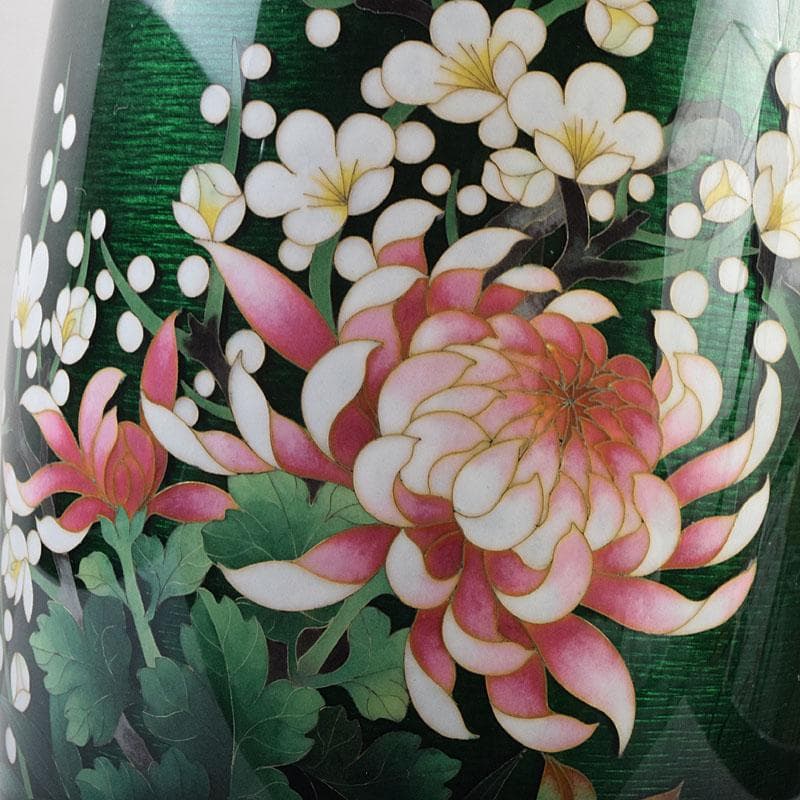 七宝焼　安藤七宝店　緑透釉　四君子文　花瓶　唐木台付　共箱　M　R9508