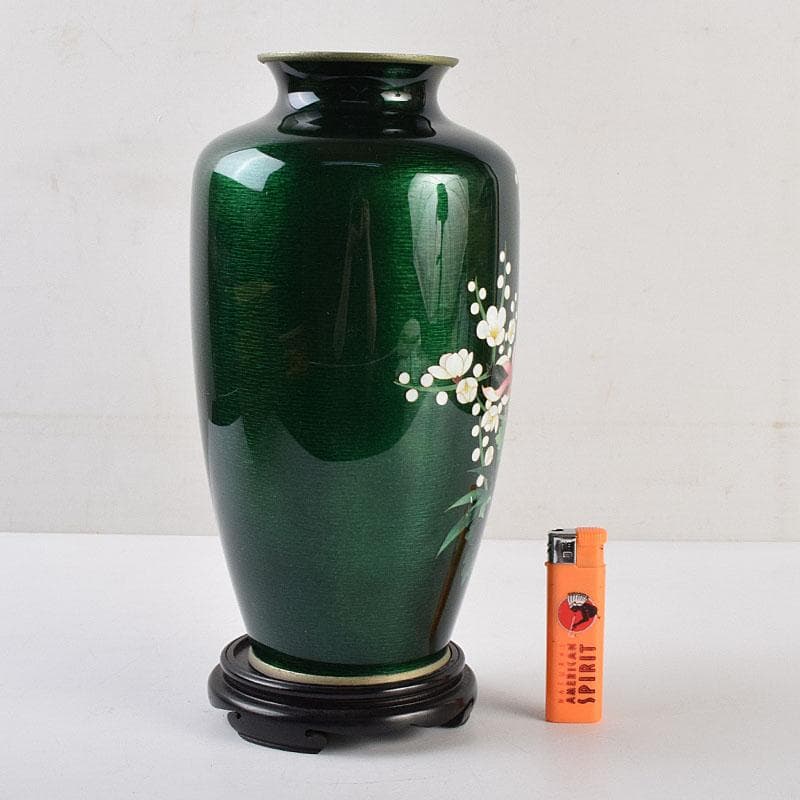 七宝焼　安藤七宝店　緑透釉　四君子文　花瓶　唐木台付　共箱　M　R9508