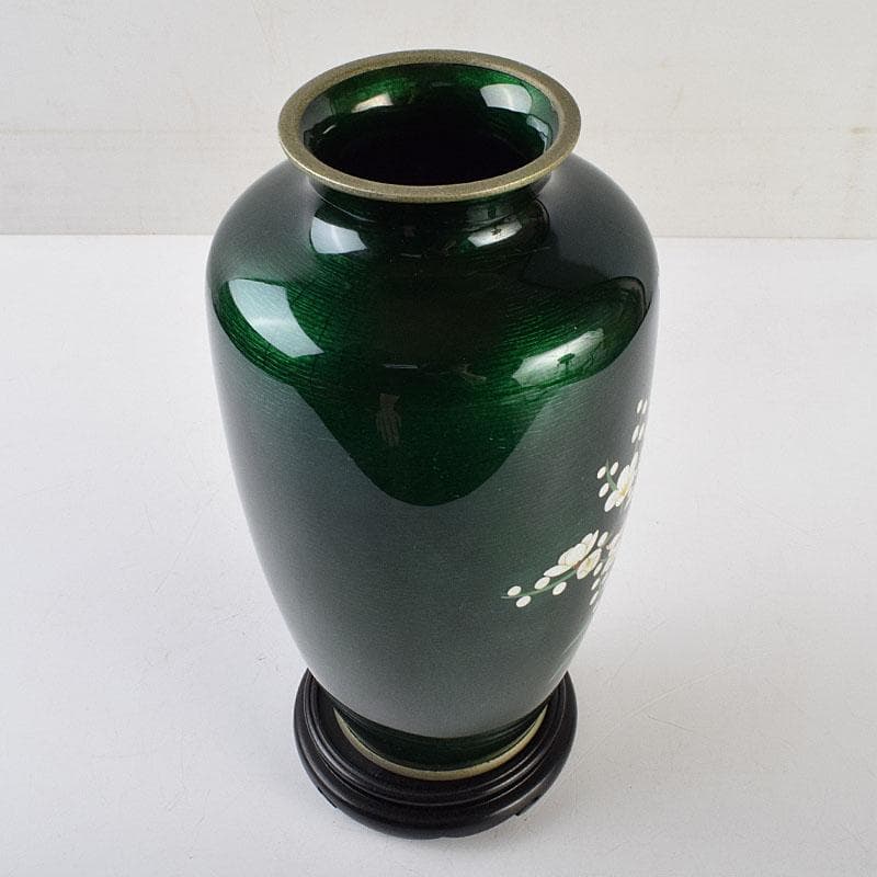 七宝焼　安藤七宝店　緑透釉　四君子文　花瓶　唐木台付　共箱　M　R9508