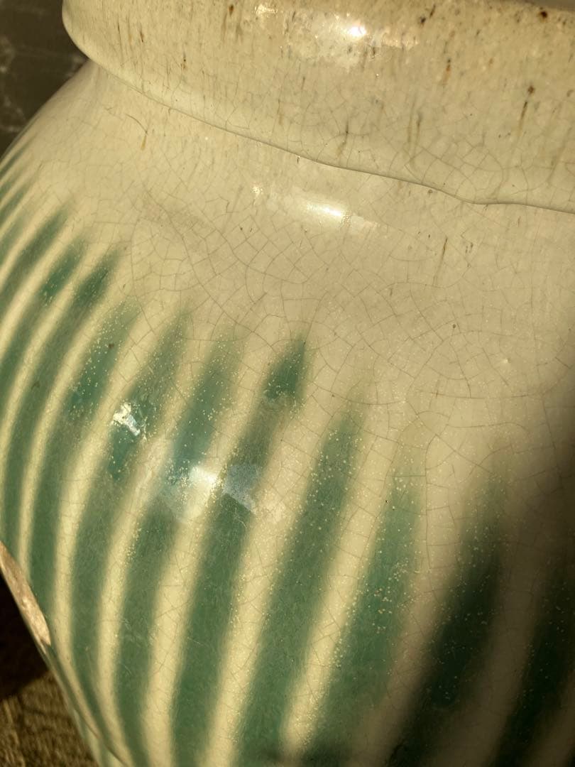 信楽焼　茶壺　大壺　すだれ壺　ストライプ柄　明治　アンティーク