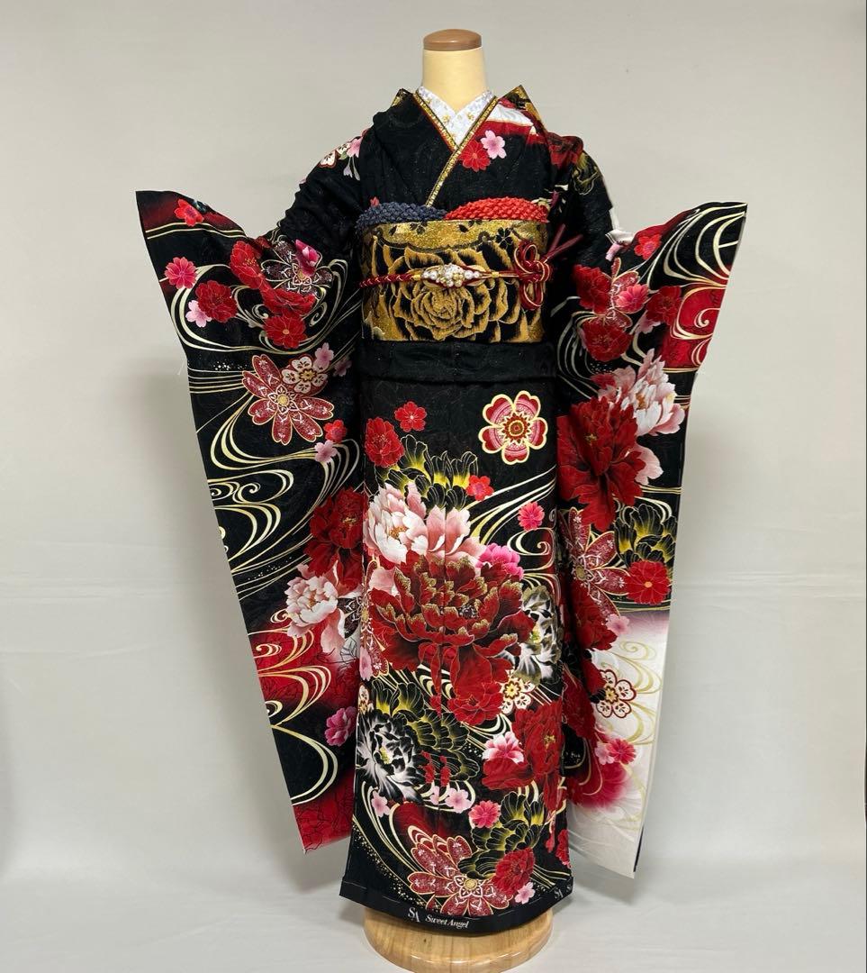 黒ラメゴージャス牡丹に流水の振袖フルセット