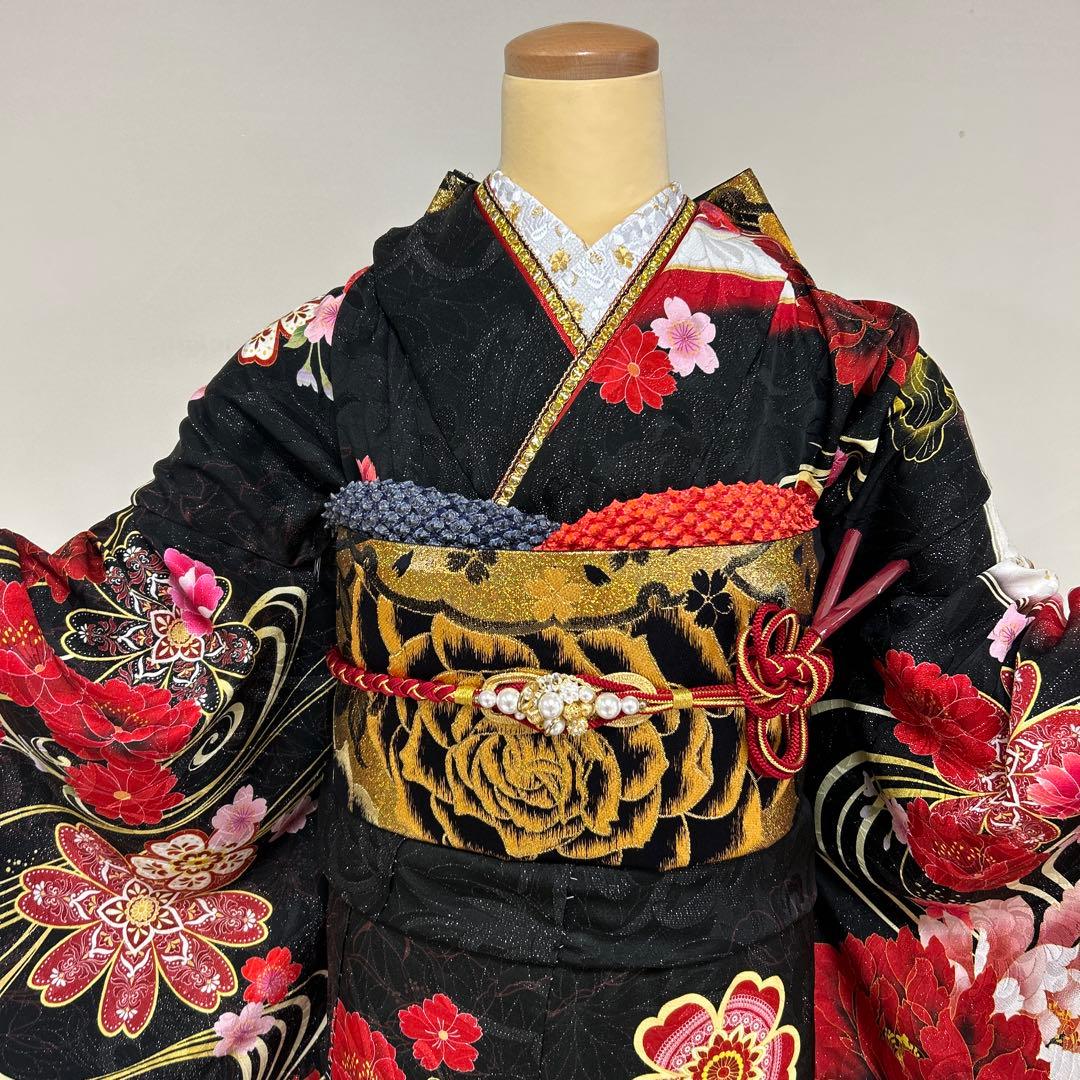 黒ラメゴージャス牡丹に流水の振袖フルセット